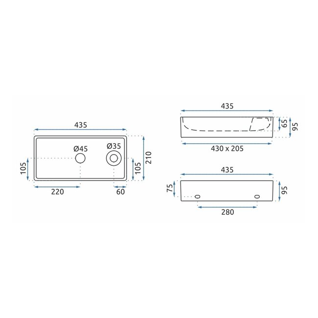 REA Compacte rechthoekige opzetfontein - glans wit - 43,5 x 21 x 9 cm - vuilafstotend en antibacterieel