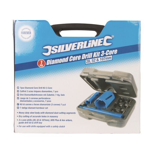 Silverline Diamant kernboorset - zware uitvoering - droog boren - 28, 52 en 107 mm - zwart - 7-delig - beton - met koffer