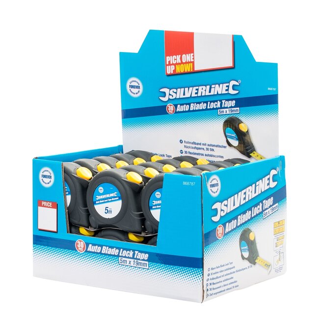 Silverline rolmaat - nylon gecoate band - automatische vergrendeling en riemclip - 5 meter x 19 mm - 30 stuks - voor bouw en klus
