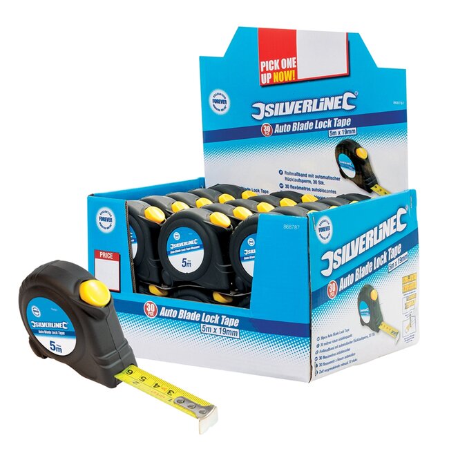 Silverline rolmaat - nylon gecoate band - automatische vergrendeling en riemclip - 5 meter x 19 mm - 30 stuks - voor bouw en klus