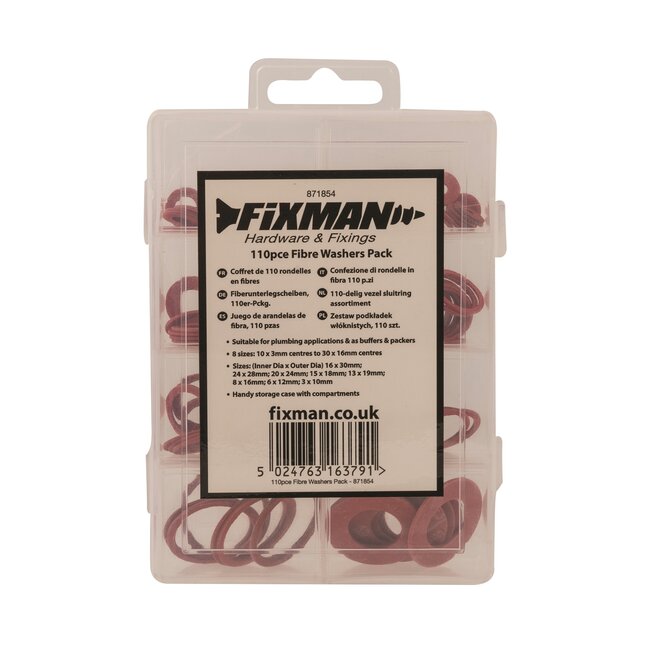 Fixman afdichtringen assortiment - vezel - 3 x 10 mm t/m 16 x 30 mm - roodbruin - opbergkoffer - loodgieterswerk