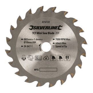 Silverline Mini cirkelzaagblad - 20 TCT tanden - Ø 85 mm - 10 mm asgat - Hout en samengesteld materiaal