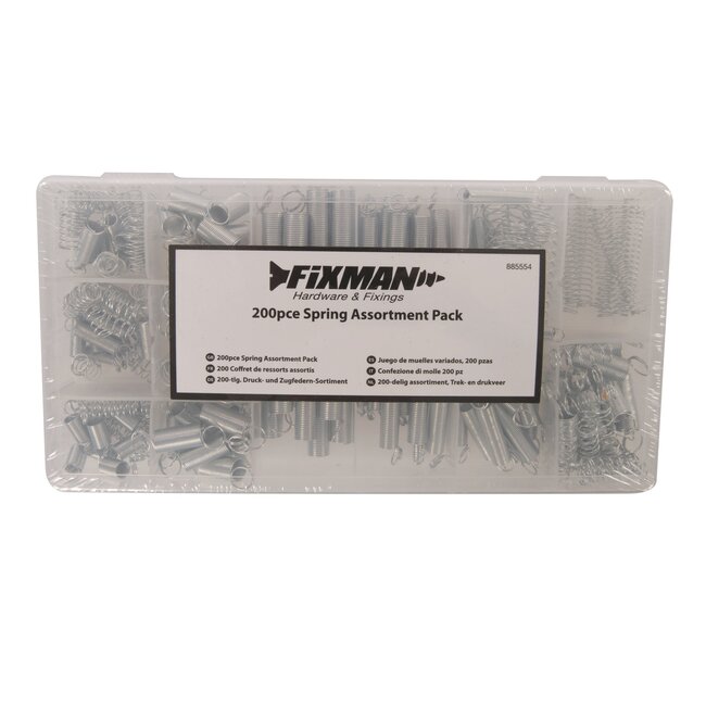 Fixman Veerassortiment - verzinkt veerstaal - trek- en drukveren - zilver - 200-delig - voor werkplaats en thuis