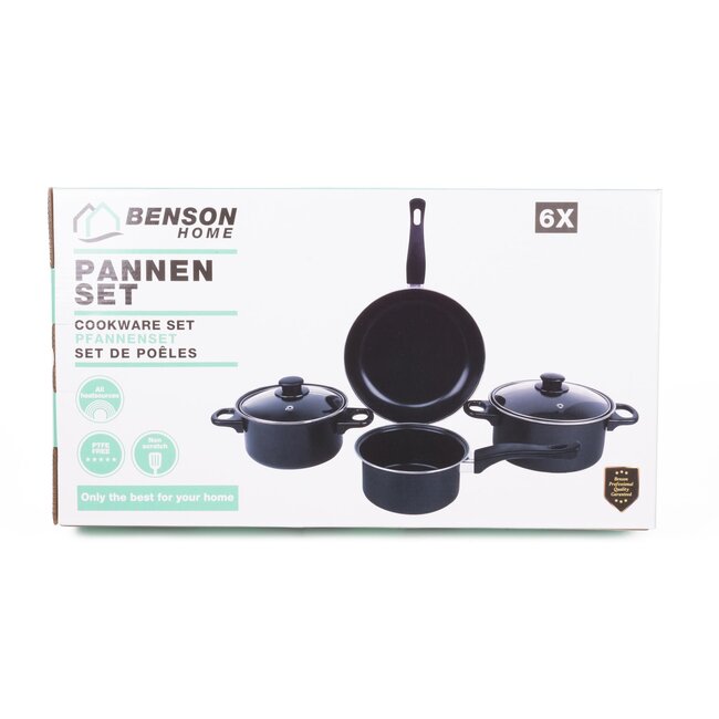 Benson 6-delige pannenset - carbon staal - zwart - PTFE-vrij - met deksels