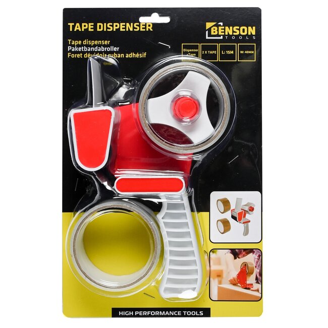 Benson Tape dispenser - ergonomisch - inclusief 2 rollen tape - grijs/rood