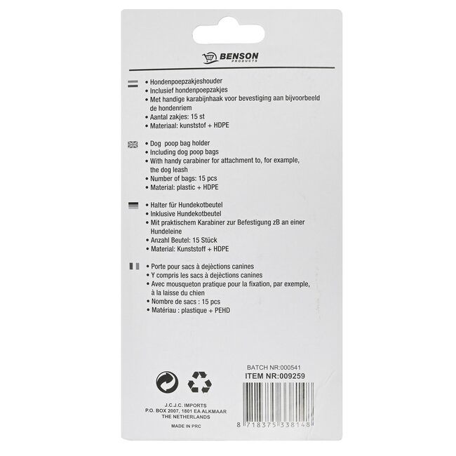 Benson Hondenpoepzakhouder - met karabijnhaak - 15 zakjes - lichtgewicht - zwart of blauw