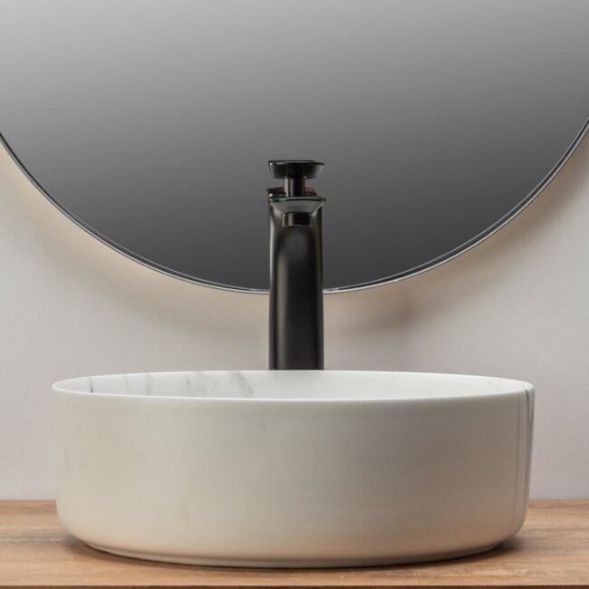 REA Ronde opzetwastafel - mat wit marmerlook - Ø 36 cm - keramiek - antibacterieel