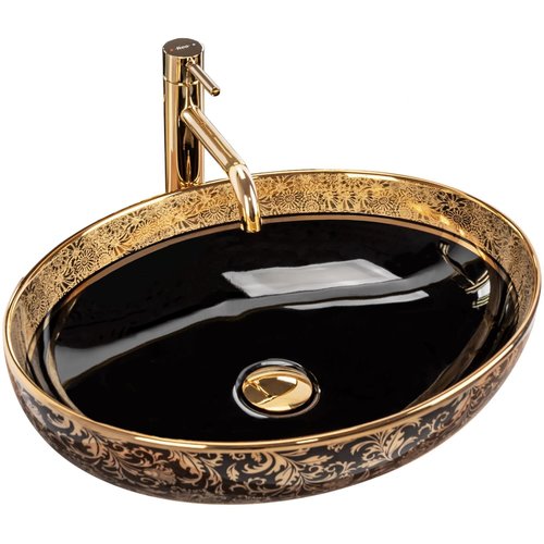 REA Margot Opzetwastafel - Waskom - 52 x 40 x 13.5 cm - Glans Zwart - Goud REA Margot Opzetwastafel - Waskom - 52 x 40 x 13.5 cm - Glans Zwart - Goud