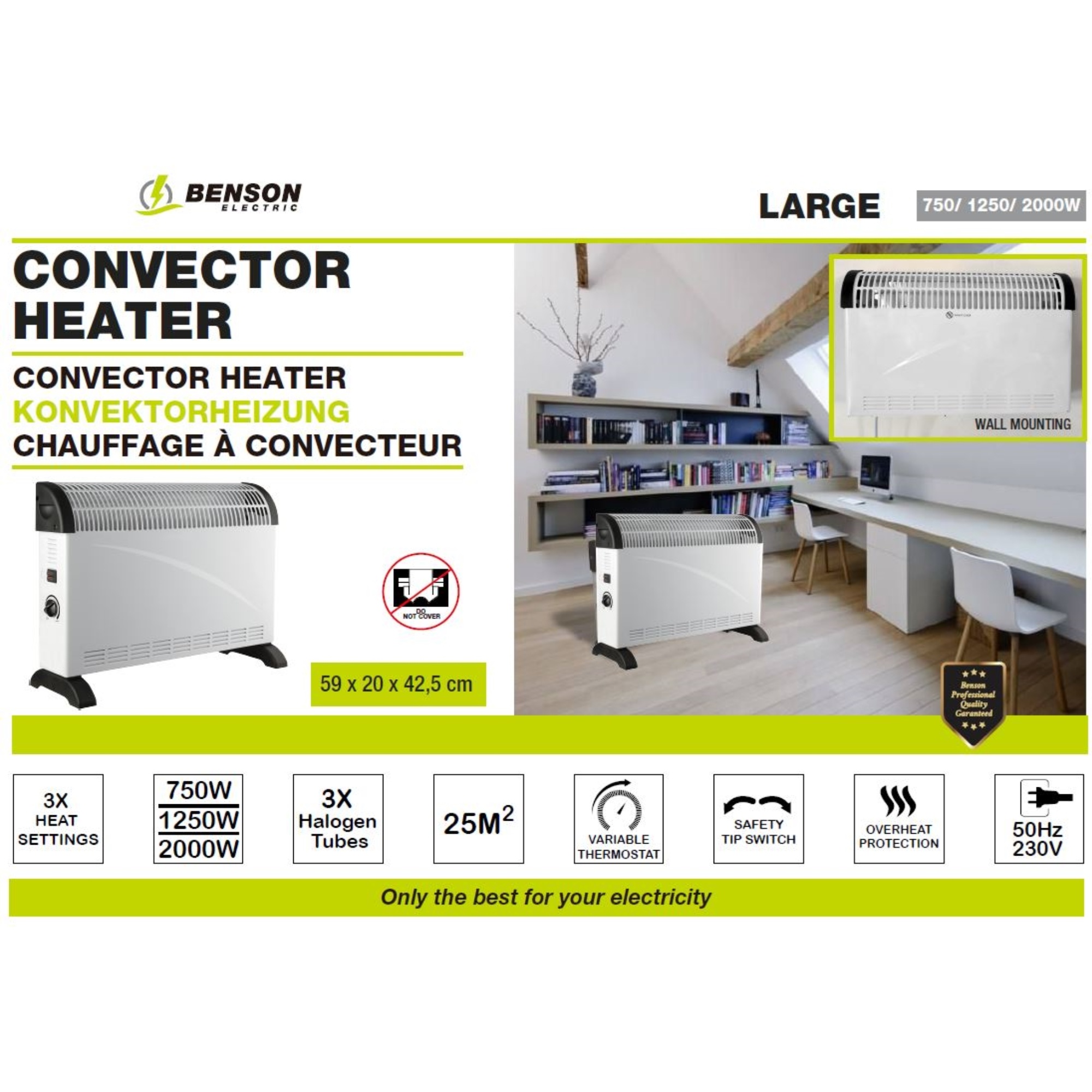 Benson Convector Heater 750/1250/2000 Watt 59 x 20 x 42.5 cm 2Cheap