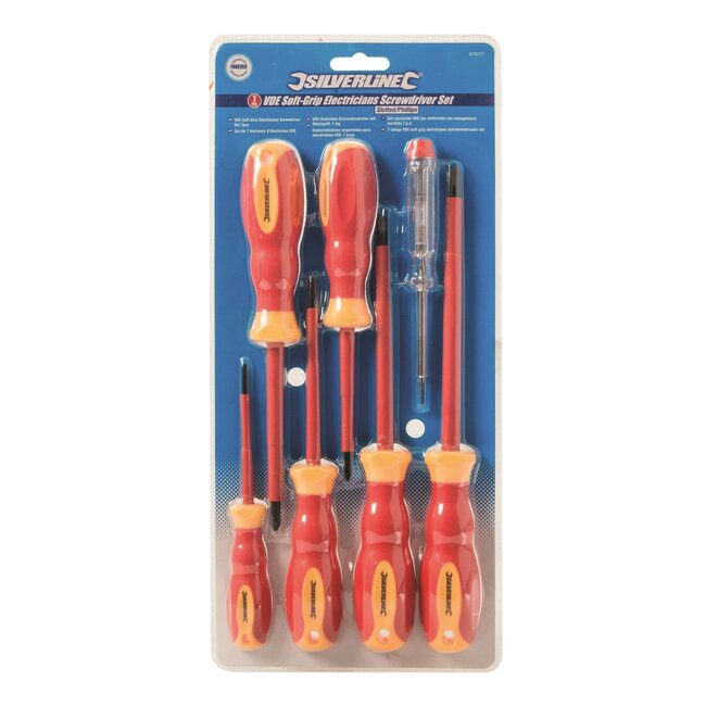 Silverline Schroevendraaierset voor elektriciens - chroom-vanadium - VDE geisoleerd 1000 V - 75-150 mm - 7-delig - tweekleurig