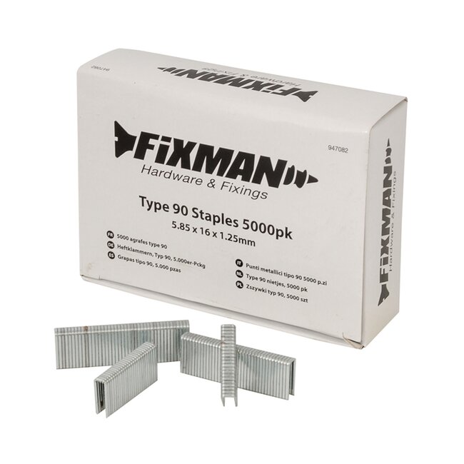 Fixman tackernietjes type 90 - staal - smalle kroon 5,8 mm - 16 mm - zilver - 5000 stuks - voor tackers, zwaar werk