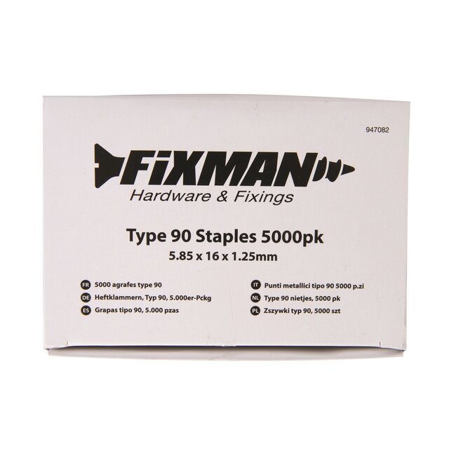 Fixman tackernietjes type 90 - staal - smalle kroon 5,8 mm - 16 mm - zilver - 5000 stuks - voor tackers, zwaar werk