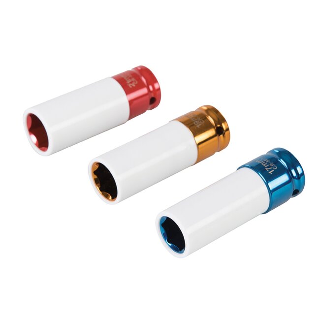 Silverline Slagmoerdoppenset - gehard chroommolybdeen - nylon velgbescherming, kleurcodering - 17, 19, 21 mm, 3-delig - autowielen