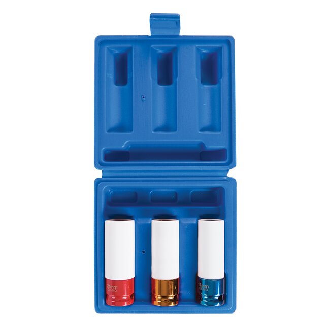 Silverline Slagmoerdoppenset - gehard chroommolybdeen - nylon velgbescherming, kleurcodering - 17, 19, 21 mm, 3-delig - autowielen