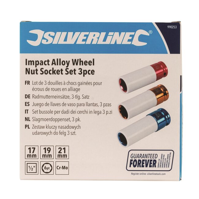 Silverline Slagmoerdoppenset - gehard chroommolybdeen - nylon velgbescherming, kleurcodering - 17, 19, 21 mm, 3-delig - autowielen