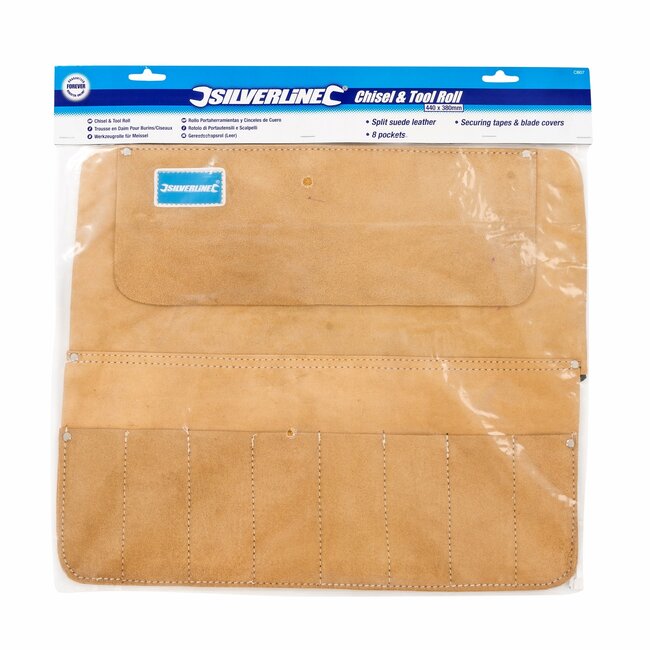 Silverline Gereedschapsrol van suede leer - 8 vakken, bladbescherming, bevestigingsband - 44 x 38 cm - bruin - voor beitels
