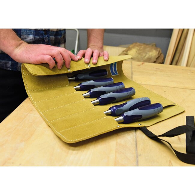 Silverline Gereedschapsrol van suede leer - 8 vakken, bladbescherming, bevestigingsband - 44 x 38 cm - bruin - voor beitels