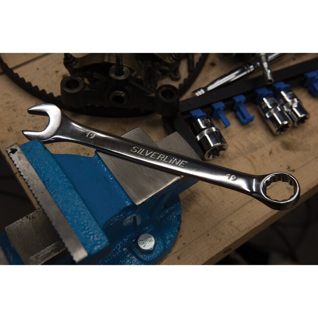 Silverline Steekringsleutel 19 mm - gehard chroom-vanadium staal - hoogglans chroom - voor vast- en losdraaien - werkplaats