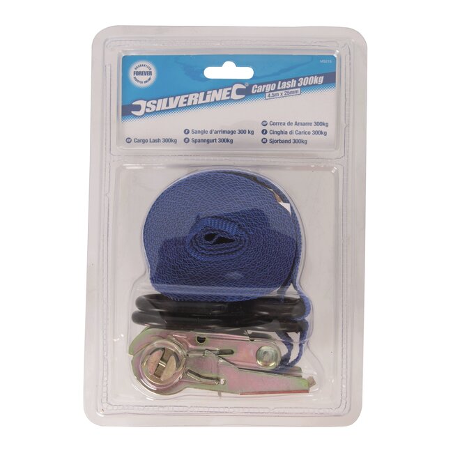 Silverline ratel spanband - polyester - S-haken, weerbestendig - 4,5 meter - 375 kg - geel - voor ladingzekering op aanhanger