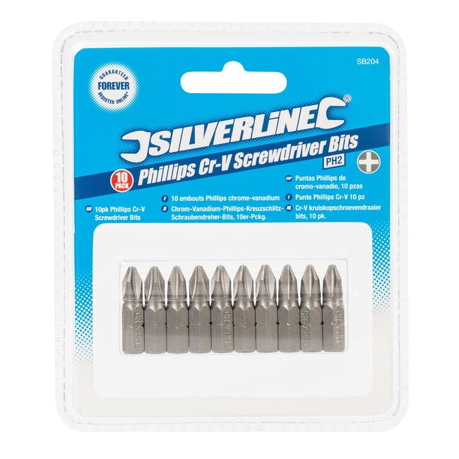 Silverline schroefbitset PH2 25 mm - chroom-vanadium staal - 1/4 inch zeskant - staalkleur - 10 stuks - voor schroefwerk