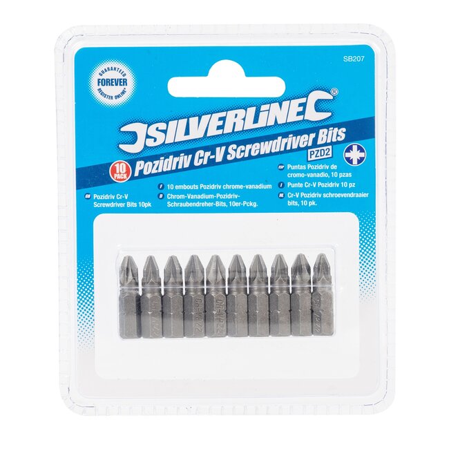 Silverline Schroefbitset PZ2 - 25 mm - 1/4 inch zeskantschacht - chroom-vanadiumstaal - staalgrijs - 10 stuks - voor schroefklussen