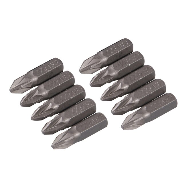Silverline Schroefbitset PZ2 - 25 mm - 1/4 inch zeskantschacht - chroom-vanadiumstaal - staalgrijs - 10 stuks - voor schroefklussen
