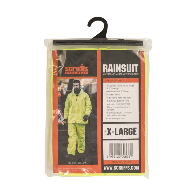 Scruffs regenpak - polyester/pvc - waterdicht, getapete naden, capuchon - maat XL - geel - 2-delig - voor werk en buitengebruik