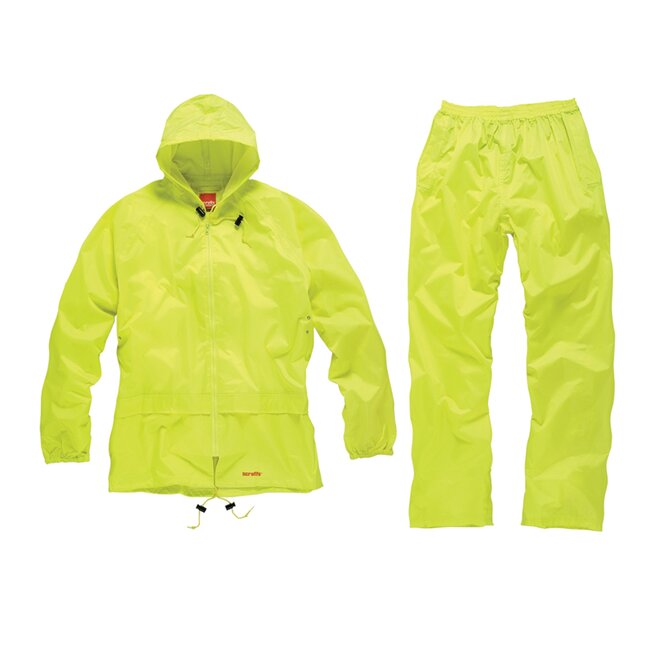 Scruffs regenpak - polyester/pvc - waterdicht, getapete naden, capuchon - maat XL - geel - 2-delig - voor werk en buitengebruik