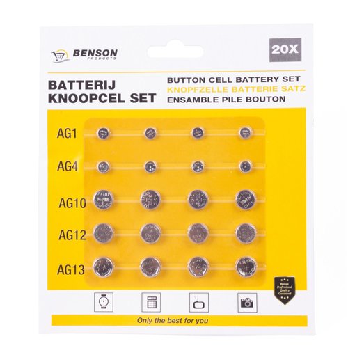 Benson Knoopcel Batterijen Set - 110 mAh - 1.5 Volt - 20 stuks Benson Knoopcel Batterijen Set - 110 mAh - 1.5 Volt - 20 stuks