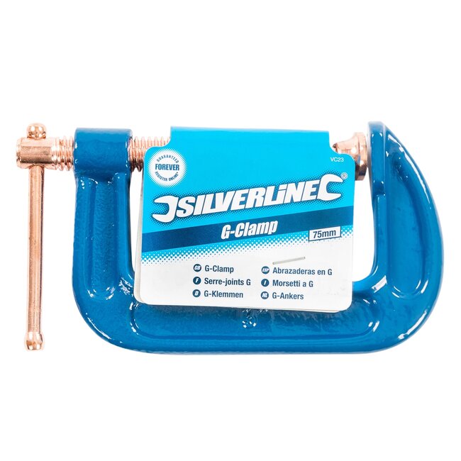 Silverline G-klem - gietijzer - T-handvat - 7,5 cm - kopergeplateerde schroefdraad tegen lasspatten - voor hout- en metaalwerk