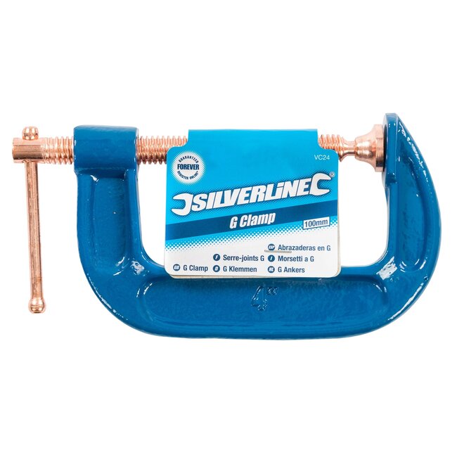 Silverline Lijmklem G-klem gietijzer - 100 mm - met T-handvat en draaivoet - voor hout - koperbeklede schroefdraad tegen lasspatten