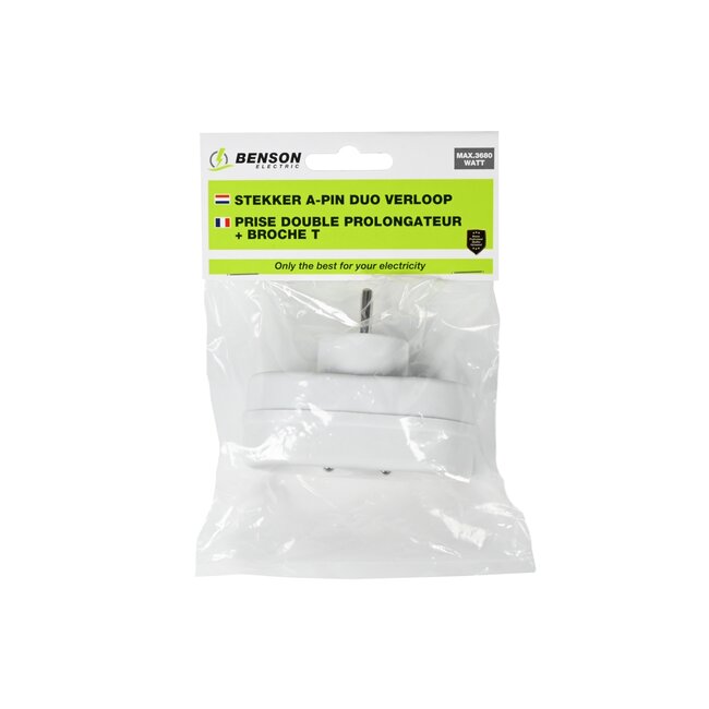 Benson Verloopstekker - Splitter 2-weg - Pen aarde - 2300W - België & Frankrijk - Wit