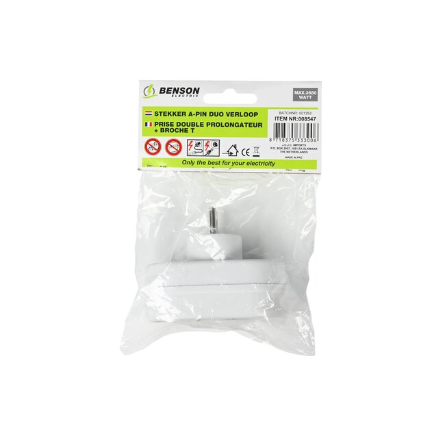 Benson Verloopstekker - Splitter 2-weg - Pen aarde - 2300W - België & Frankrijk - Wit