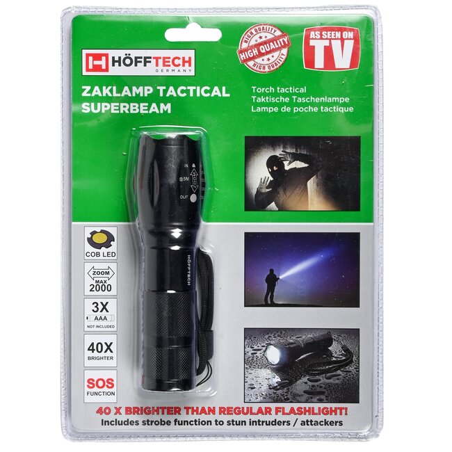 Hofftech Tactical zaklamp - COB LED - Zoomfunctie - 15 cm - IP44