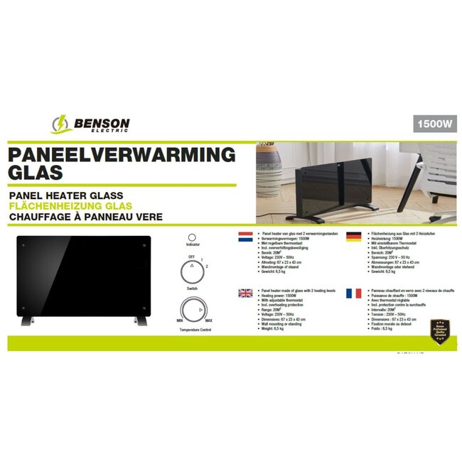 Benson Stijlvolle paneelverwarming - glas - 1500W - zwart - regelbare thermostaat - wandmontage of staand