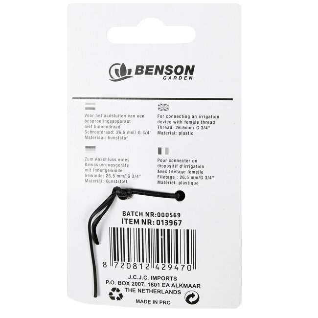 Benson Insteeknippel met buitendraad - 26,5 mm - kunststof - stevig en betrouwbaar