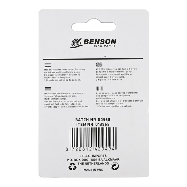 Benson Multifunctionele nippelset voor ballenpomp - 3 stuks - universeel - sportballen