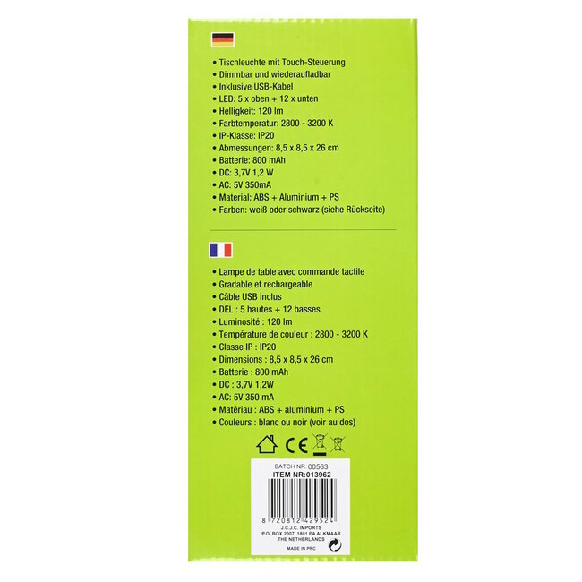 Benson Dimbare LED tafellamp - touch bediening - kleurenmix - 8,5 x 8,5 x 26 cm