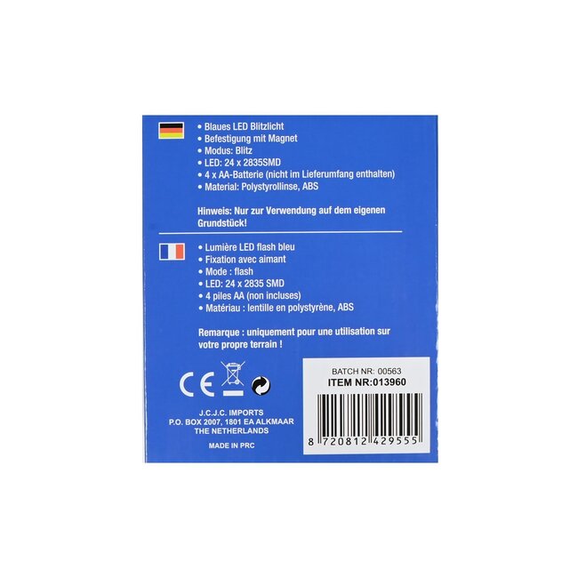 Benson LED flitslamp met magneet - 24 LED's - blauw licht - 2.4 watt