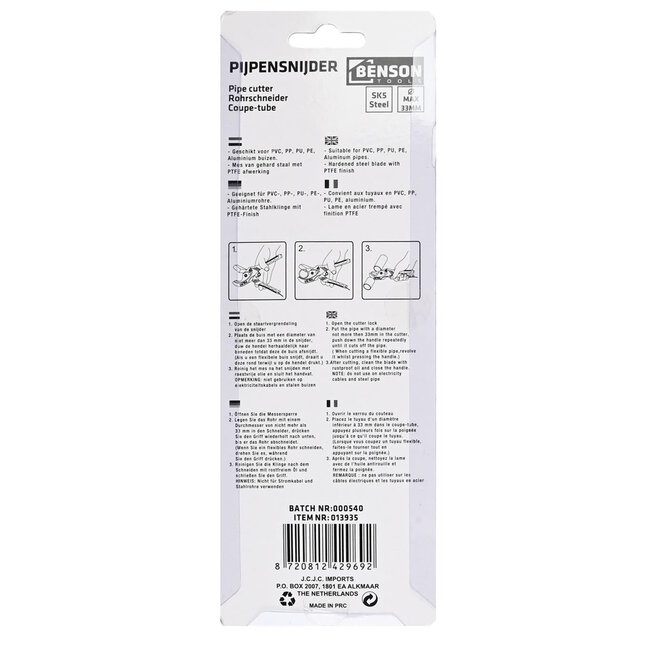Benson Pijpensnijder - Ø 0-33 mm - Oranje - SK5 mes met PTFE coating - Lichtgewicht