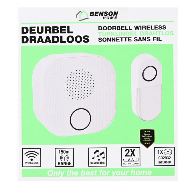 Benson Draadloze deurbel - 38 melodieën - 150 meter bereik - wit
