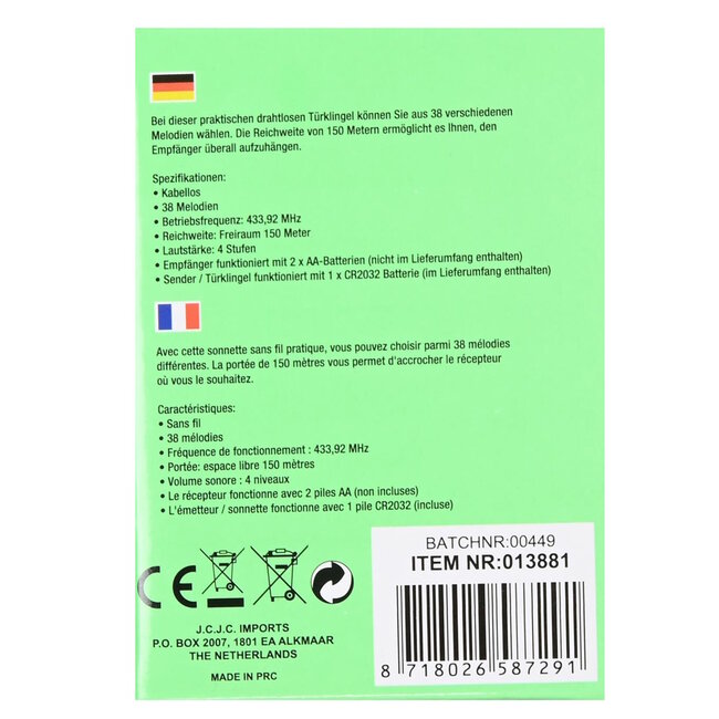 Benson Draadloze deurbel - 38 melodieën - 150 meter bereik - wit