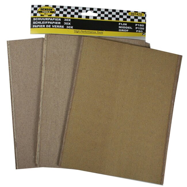 Benson Set schuurpapier - 30 vellen - 3 korrelgroottes - 93 x 230 mm