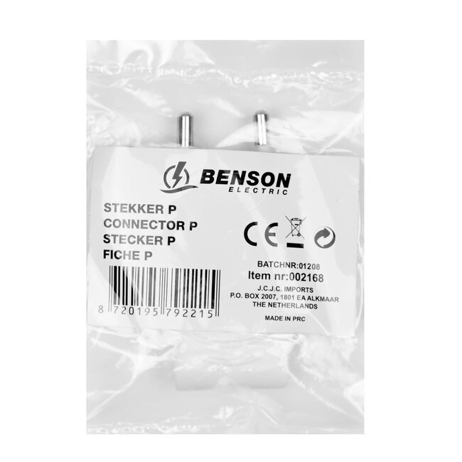 Benson Platte stekker - type C - wit - 2.5 Ampère - ruimtebesparend ontwerp