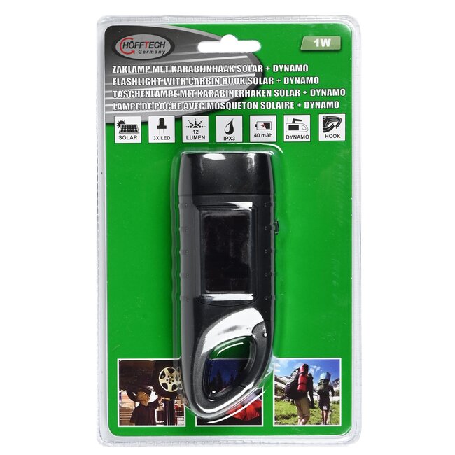 Hofftech Compacte zaklamp met karabijnhaak - solar en dynamo - 3 LED - 124x45x32 mm