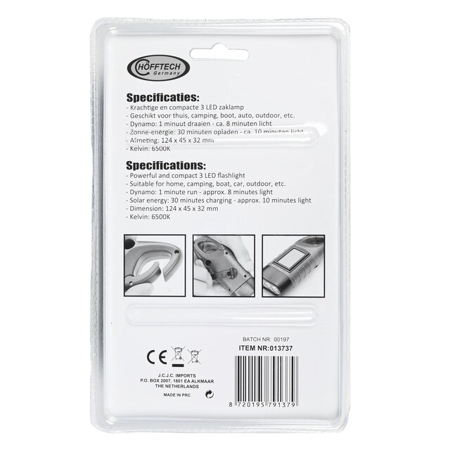 Hofftech Compacte zaklamp met karabijnhaak - solar en dynamo - 3 LED - 124x45x32 mm