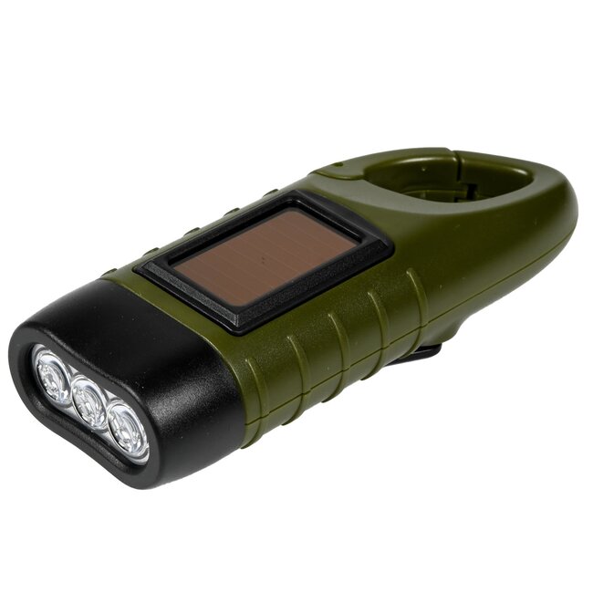 Hofftech Compacte zaklamp met karabijnhaak - solar en dynamo - 3 LED - 124x45x32 mm