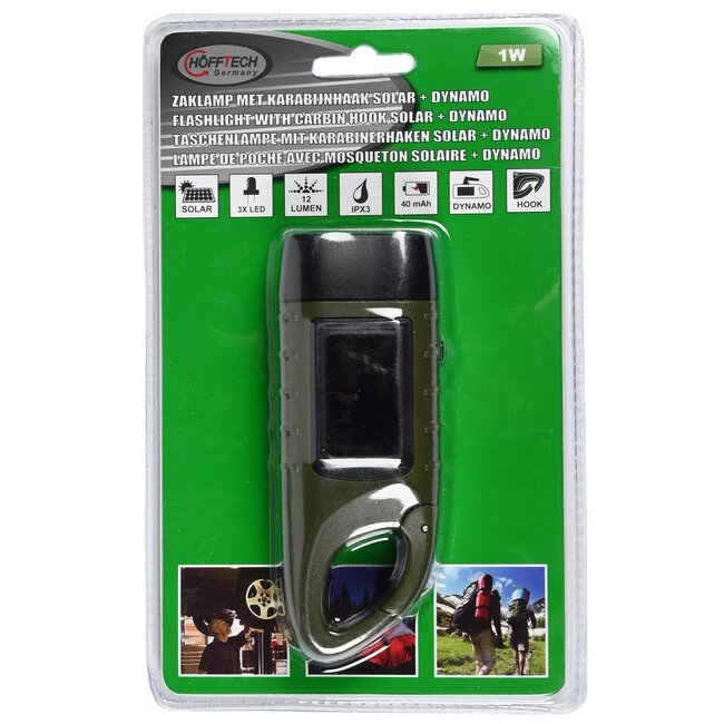 Hofftech Compacte zaklamp met karabijnhaak - solar en dynamo - 3 LED - 124x45x32 mm