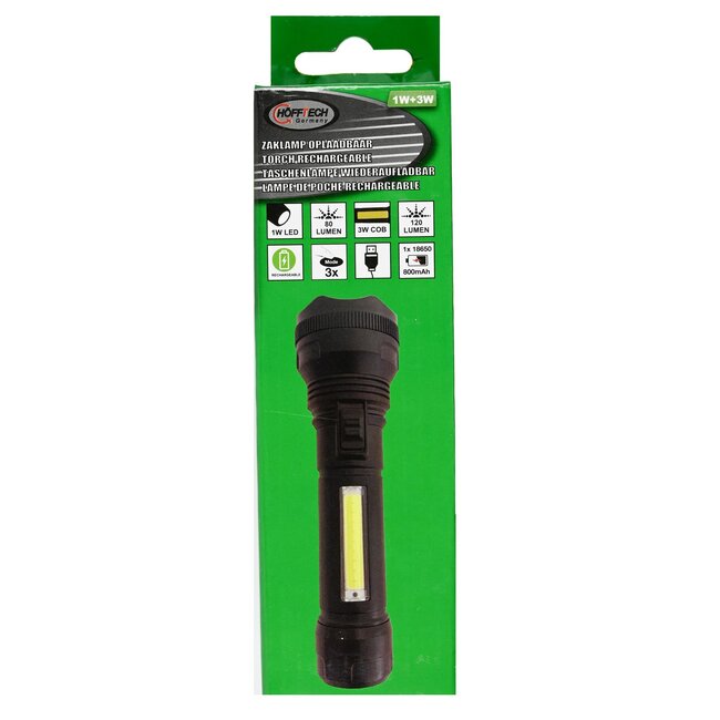 Hofftech Oplaadbare zaklamp - LED en COB - duurzaam ABS - zwart