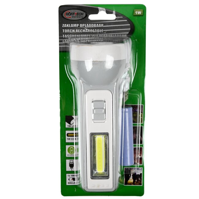 Hofftech Oplaadbare zaklamp - LED en COB - 1 watt - grijs - met USB-kabel